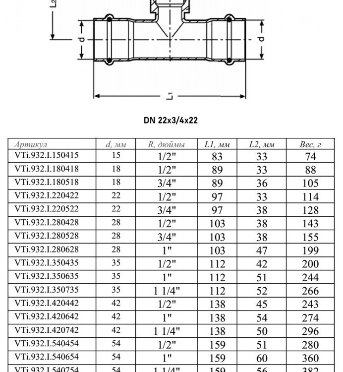 Тройник переходной VALTEC VTi.932.I ВР 3/4" DN 22x20x22 PN 16 нержавеющая сталь 2
