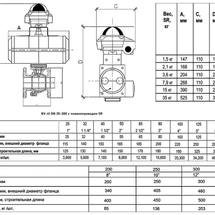 Кран шаровой ABRA BV-41 SR DN 150 PN 16 с пневмоприводом нержавеющая сталь 2