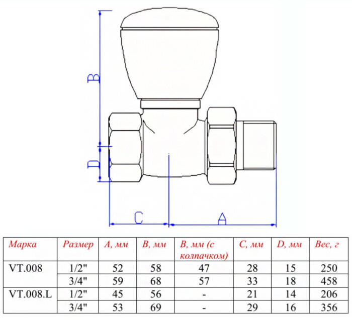 Клапан радиаторный Valtec VT.008 1/2" DN 15 PN 10 регулирующий прямой ручной