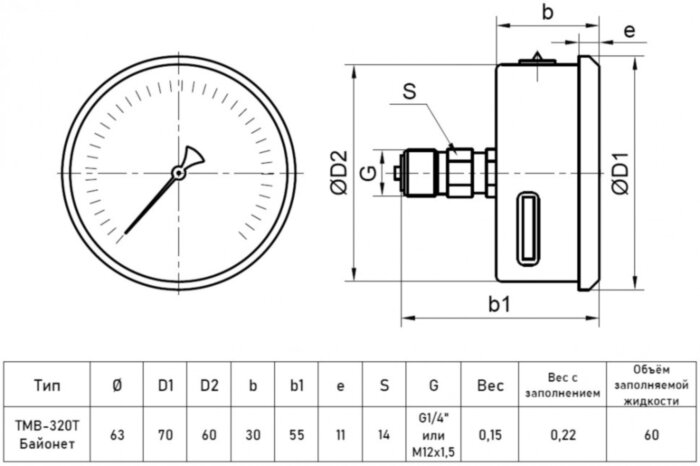 Мановакуумметр РОСМА ТМВ-320Т.00 (-0,1...0,5 МПа) Байонет Дкорп=63мм кл. 1,5 G1/4" виброустойчивый (готовый к гидрозаполнению) осевой 00000033437