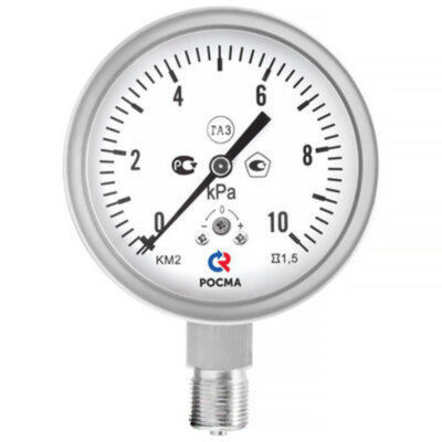 Манометр РОСМА КМ-22Р Кс IP65 (0...6 кПа) Дкорп=100мм кл. 1,5 G1/2" Зав.№ коррозионностойкий для низких давлений газов радиальный УТ-00047532