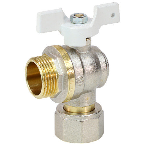 Кран шаровой латунный угловой Aquasfera Standard 1123 DN 15 PN 40 резьба - 1/2'', покрытие - никель, полнопроходной резьбовой НР-ВР с накидной гайкой, ручка-бабочка белая 1123-01