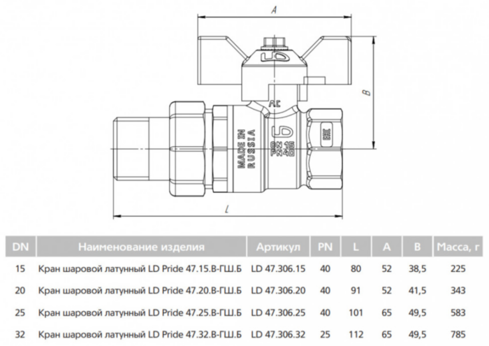 Кран шаровой латунный LD Pride 47.15.В-ГШ.Б Ду 15 Ру 40 резьба (ВР-НР) 1/2", никелированный с белой бабочкой, неполнопроходный