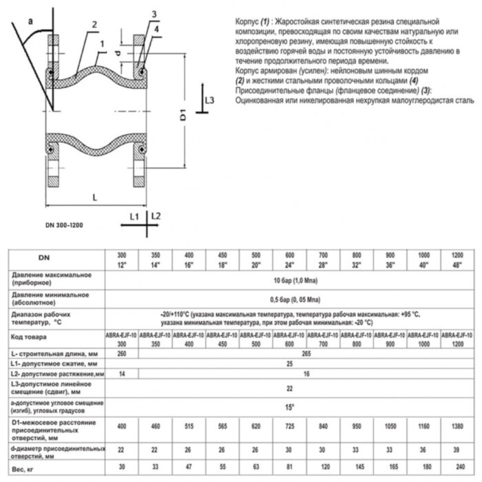Гибкая вставка ABRA EJF-10 DN 900 PN 10 антивибрационная фланцевая
