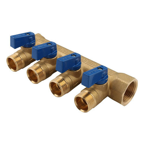 Коллектор распределительный Tiemme Nino 1820016 4 отвода ВР-НР 3/4"х1/2" DN 20 PN 16 с шаровыми кранами синяя рукоятка модульный