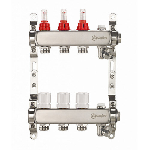 Коллекторная группа из нержавеющей стали Aquasfera 9501 DN 20/25 PN 6 резьба - 1"х3/4"х9, под евроконус с расходомерами, с дренажным краном, резьбовая ВР-НР, 9501-08