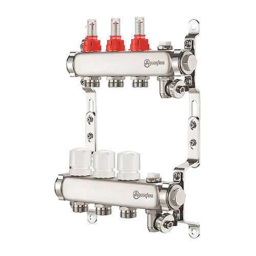 Коллекторная группа из нержавеющей стали Aquasfera 9501 DN 20/25 PN 6 резьба - 1"х3/4"х9, под евроконус с расходомерами, с дренажным краном, резьбовая ВР-НР, 9501-08