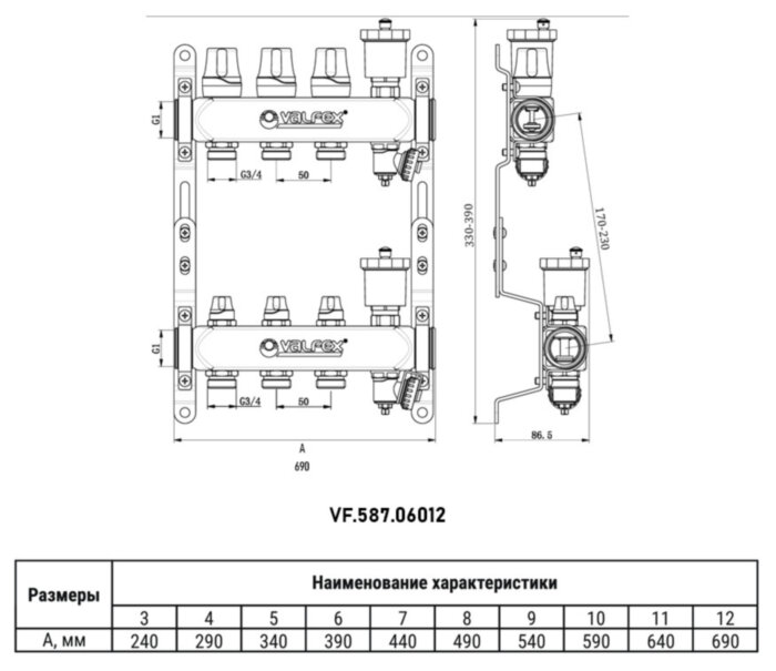 Коллекторная группа VALFEX VF.587.06012 12-ти контурный ВР-НР 1"x3/4" DN 25 PN 10 с дренажными кранами и регулирующими, балансировочными клапанами
