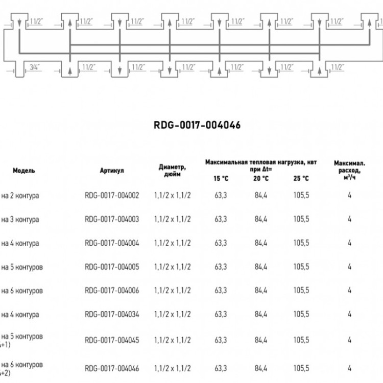 Коллектор распределительный ROMMER RDG-0017-004046 6-ти контурный НР 1 1/2" Ду 40 Ру 4 без теплоизоляции 3