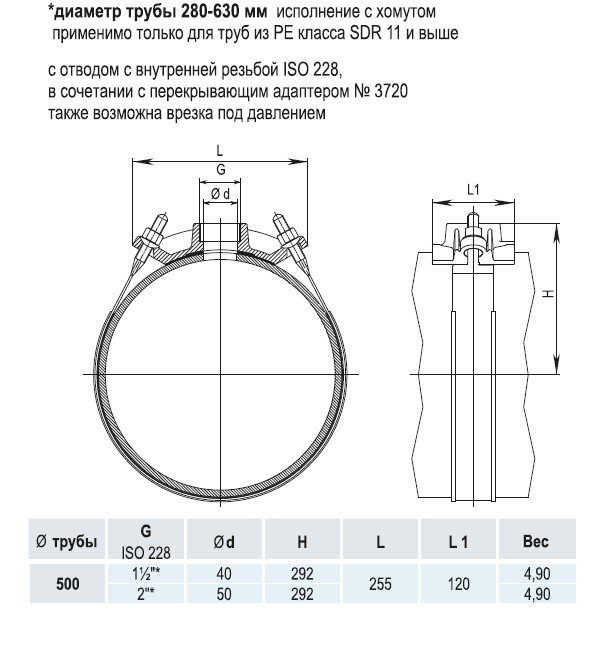 Врезной хомут HAWLE 5250 DN 500 PN 16 системы HAKU с отводом с внутренней резьбой 1 1/2"*