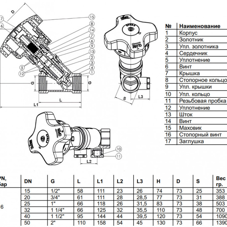 Клапан балансировочный Benarmo 3180H ВР 1 1/2" DN 40 PN 16 ручной латунный 2