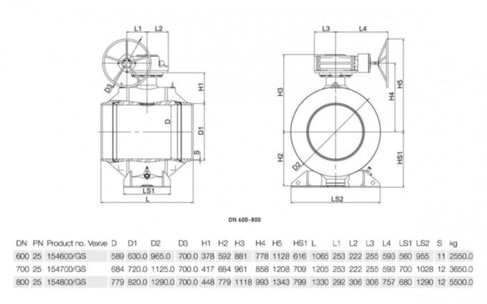 Кран шаровой Vexve 154/GS800 DN 800 PN 25 стальной полнопроходный под приварку для жидкости, ручка-рычаг