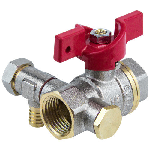 Кран шаровой латунный со спускником Aquasfera EURO 1013 DN 15 PN 40 резьба - 1/2'', покрытие - никель, полнопроходной резьбовой ВР-ВР, ручка-бабочка красная 1013-01