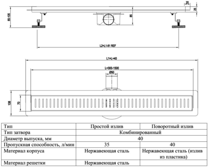 Трап линейный VALFEX PREMIUM VF.071.050K.600.07.PR Ду 40 комбинированный затвор, поворотный излив