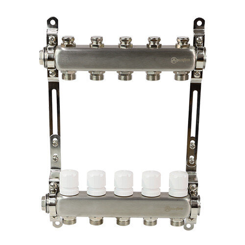 Коллекторная группа из нержавеющей стали Aquasfera 9504 DN 20/25 PN 10 резьба - 1"х3/4"х6, под евроконус без дренажного крана, резьбовая ВР-НР, 9504-05