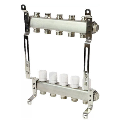 Коллекторная группа из нержавеющей стали Aquasfera 9504 DN 20/25 PN 10 резьба - 1"х3/4"х6, под евроконус без дренажного крана, резьбовая ВР-НР, 9504-05