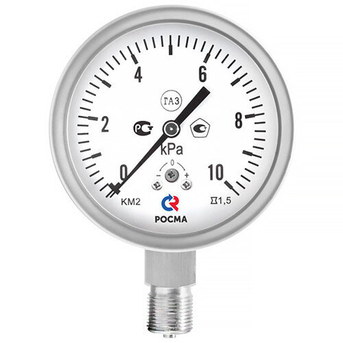 Манометр РОСМА КМ-22Р Кс IP65 (0...16 кПа) Дкорп=100мм кл. 1,5 G1/2" коррозионностойкий для низких давлений газов радиальный УТ-00053881