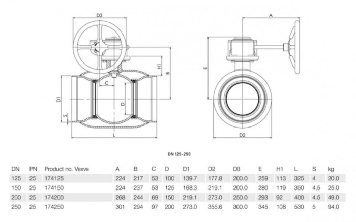 Кран шаровой Vexve 174250 DN 250 PN 25 стальной стандартнопроходный фланцевый для пара, с ручным редуктором