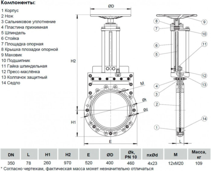 Задвижка шиберная ножевая VGA с невыдвижным шпинделем S72.10 DN 350