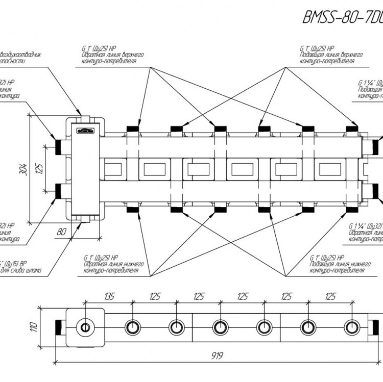 Коллектор распределительный GIDRUSS BMSS-80-7DU.EPP 7-ми контурный НР 1 1/4"x1" Ду 32 Ру 6 балансировочный в термоизоляции 2