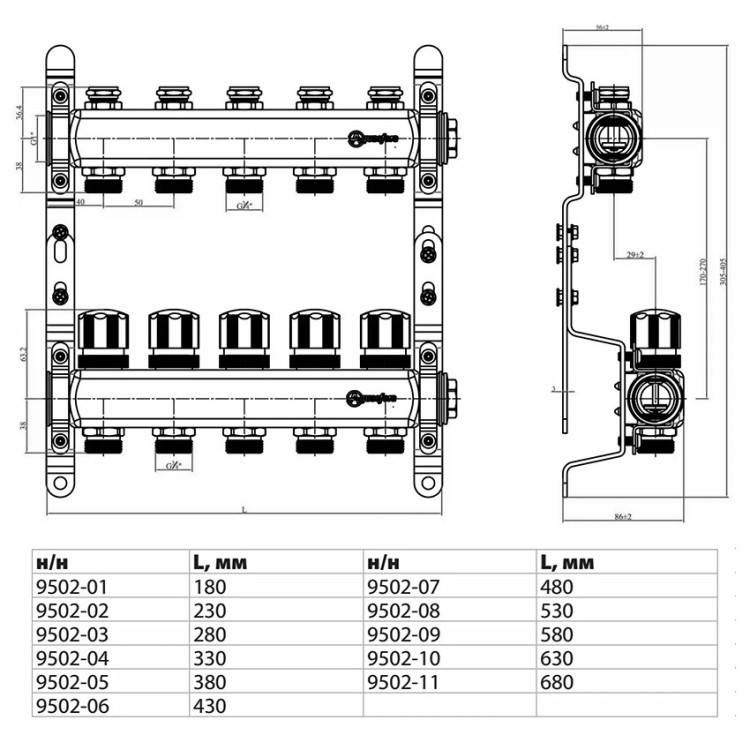Коллекторная группа из нержавеющей стали Aquasfera 9502 DN 20/25 PN 10 резьба - 1"х3/4"х5, под евроконус с регулирующими балансировочными клапанами, с дренажным краном, резьбовая ВР-НР, 9502-04 3