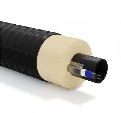 Незамерзающая гибкая труба в ППУ изоляции ТВЭЛ-ПЭКС-ХВС SDR 17 140х8,3/225 с 2-мя кабель-каналами