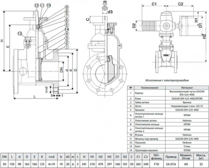 Задвижка ADL ГРАНАР KR15 Ду 50 Ру 16 фланцевая клиновая чугунная с электроприводом AUMA SA 07.6 с обрезиненным клином