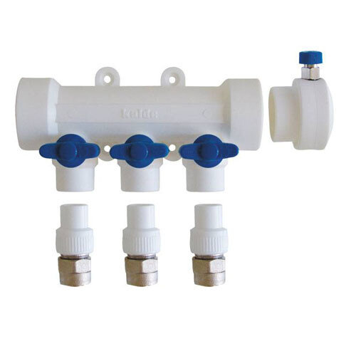 Коллектор распределительный Kalde 3272-mnb-400620 6 отводов DN 40 PN 25 с шаровыми кранами синяя рукоятка воздухоотводчик