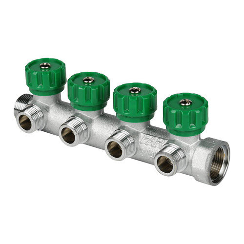 Коллектор распределительный FAR FK 3824 4 отвода ВР-НР 3/4"х1/2" DN 20 PN 16 с регулирующими клапанами плоское уплотнение