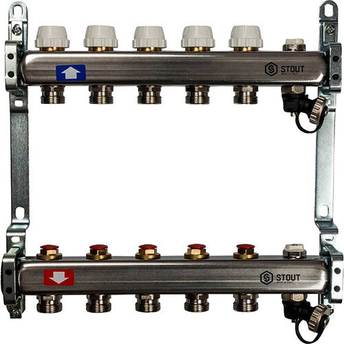 Коллектор STOUT без расходомеров с клапаном вып. воздуха и сливом 5 выходов