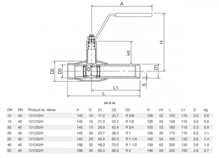 Кран шаровой Vexve 101/H050 DN 50 PN 40 стальной стандартнопроходный под приварку для жидкости, ручка-рычаг