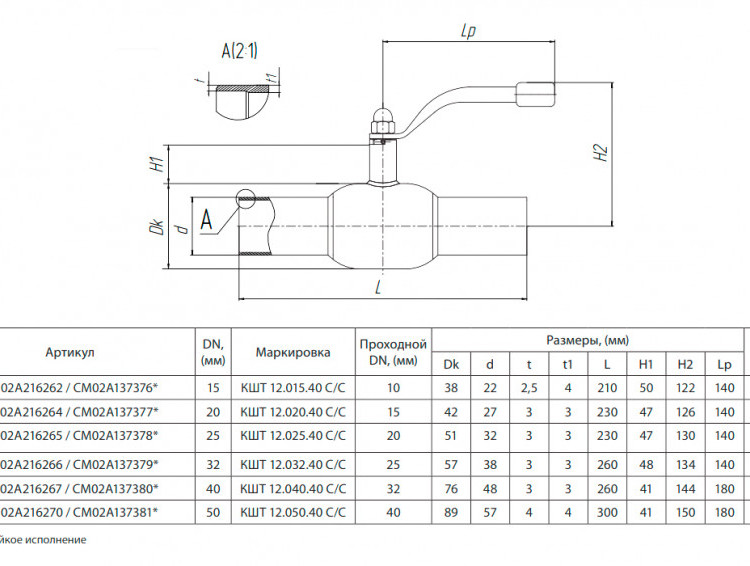 Кран шаровой БИВАЛ КШТ 12 DN 40 PN 40 С/С 2