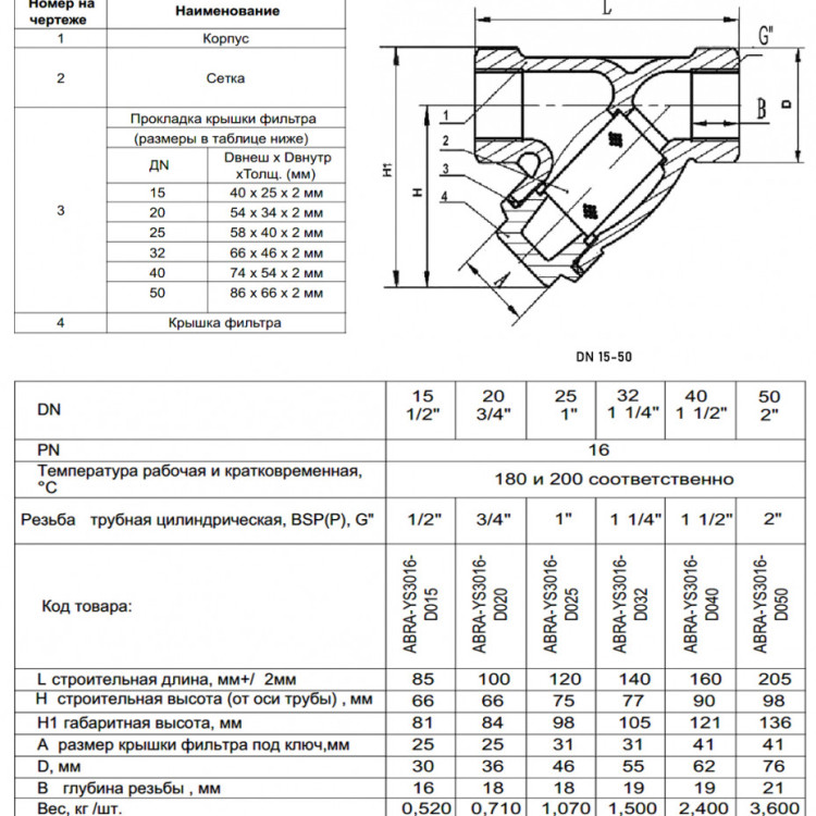 Фильтр магнитно-механический ABRA YS-3016-D ФММ ВР 1 1/2" DN 40 PN 16 резьбовой чугунный 2