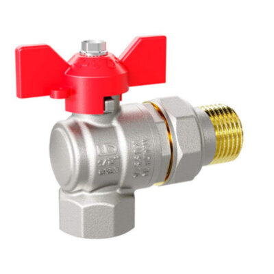 Кран шаровой латунный LD Pride 47.15.В-ГШ.У.Б Ду 15 Ру 40 резьба (ВР-НР) 1/2", никелированный угловой с красной бабочкой, неполнопроходный