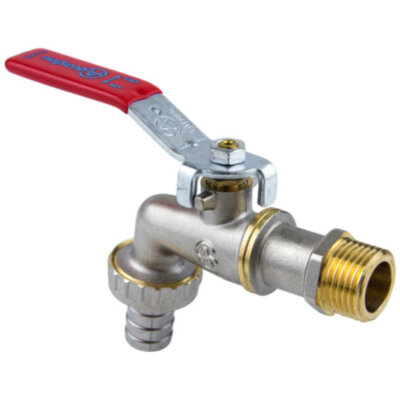 Кран шаровой латунный водоразборный Aquasfera EURO 1019 DN 25 PN 16 резьба - 1'', покрытие - никель, неполнопроходной цапковый резьбовой НР-штуцерный, ручка-рычаг красная 1019-03