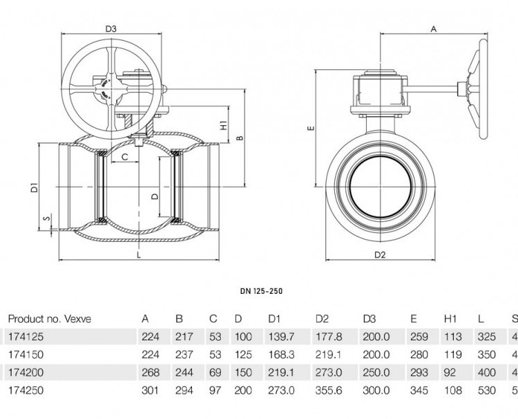 Кран шаровой Vexve 174250 DN 250 PN 25 стальной стандартнопроходный фланцевый для пара, с ручным редуктором 2