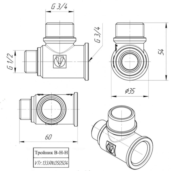 Латунный тройник VALTEC 3/4" х 3/4" х 1/2" переходной с двумя переходами на наружную резьбу VTr.133.RN.050504