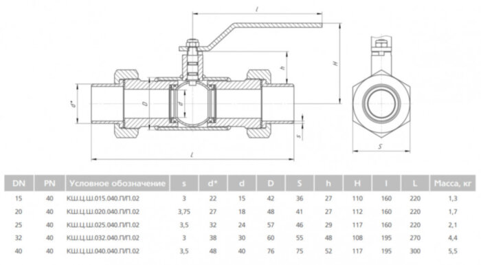 Кран шаровой цельносварной LD КШ.Ц.Ш.020.040.П/П.02 Ду 20 Ру 40 стальной полнопроходный штуцерный