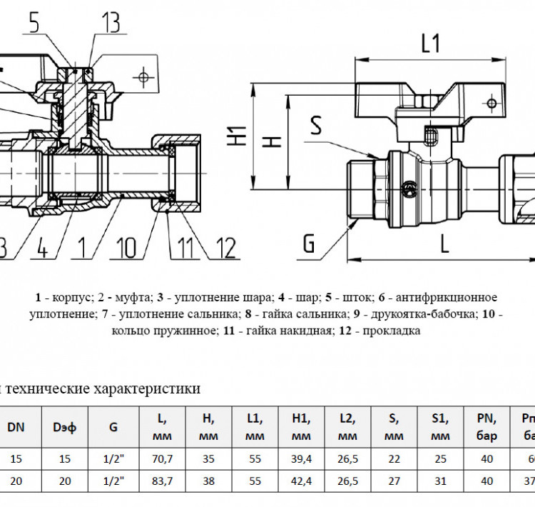 Кран шаровой латунный Aquasfera Standard 1122 DN 15 PN 40 резьба - 1/2'', покрытие - никель, неполнопроходной резьбовой НР-ВР с накидной гайкой, ручка-бабочка белая 1122-01 2