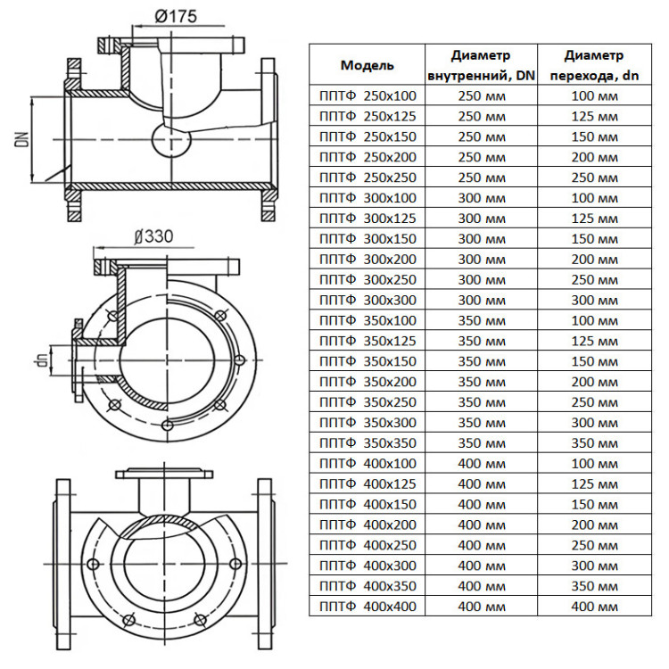 ППТФ стальной тройник-подставка 350х150 Ру 10 2