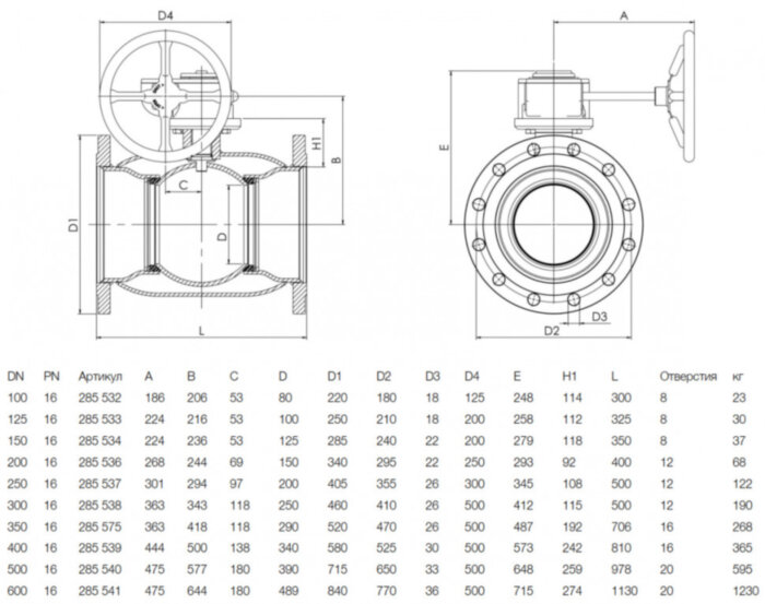 Кран шаровой NAVAL 285536 DN 200 PN 16 стальной стандартнопроходный фланцевый с редуктором