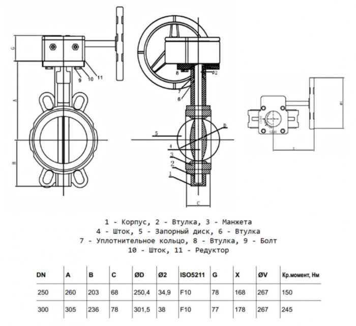 Затвор дисковый чугунный Benarmo DN 250 PN 10/16 поворотный межфланцевый с редуктором Рус
