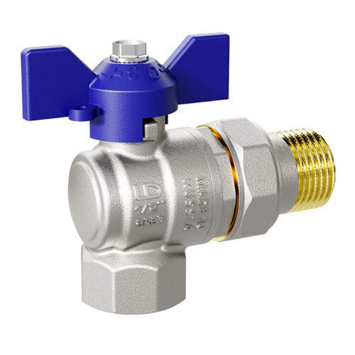Кран шаровой латунный LD Pride 47.15.В-ГШ.У.Б Ду 15 Ру 40 резьба (ВР-НР) 1/2", никелированный угловой с синей бабочкой, неполнопроходный