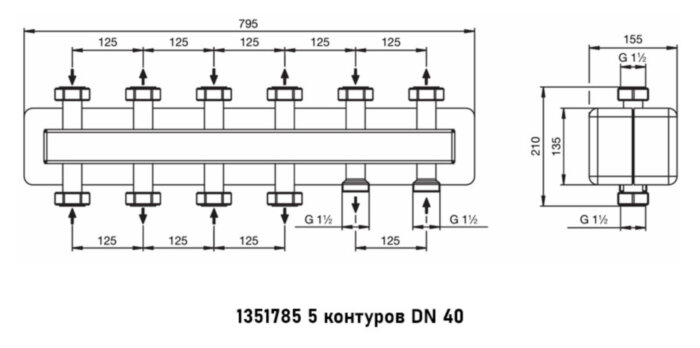 Коллектор распределительный Oventrop Regumat 1351785 5-ти контурный ВР-НР 1 1/2" DN 40 PN 4 в теплоизоляции