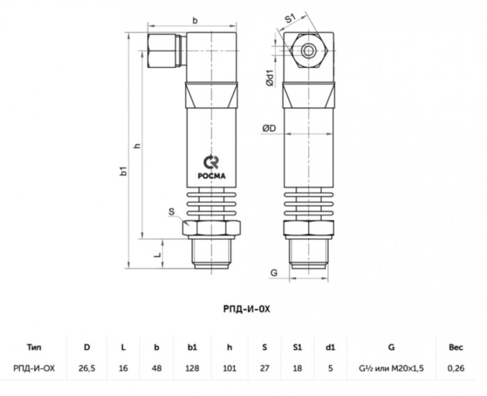 Датчик давления высокотемпературный РОСМА РПД-И-ОХ Дкорп=27мм 0-6 МПа кл. 0,5 G1/2" УТ-00053957