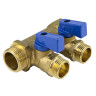 Коллектор латунный Aquasfera 9025 DN 15/20 PN 16 резьба - 3/4''x1/2''х3, с шаровыми кранами, резьбовой ВР-НР, ручка-флажок синяя, 9025-02 1