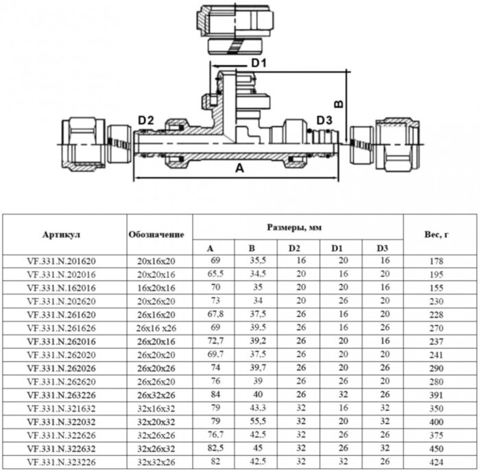 Тройник обжимной переходной VALFEX VF.331.N Ду 32х20х32 Ру 25 никелированный латунный