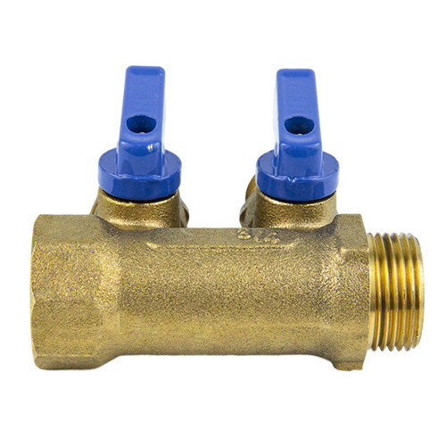 Коллектор латунный Aquasfera 9025 DN 15/20 PN 16 резьба - 3/4''x1/2''х2, с шаровыми кранами, резьбовой ВР-НР, ручка-флажок синяя, 9025-01