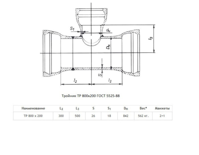 Тройник ТР Ду 800х200 ВЧШГ ГОСТ 5525-88 чугунный раструбный