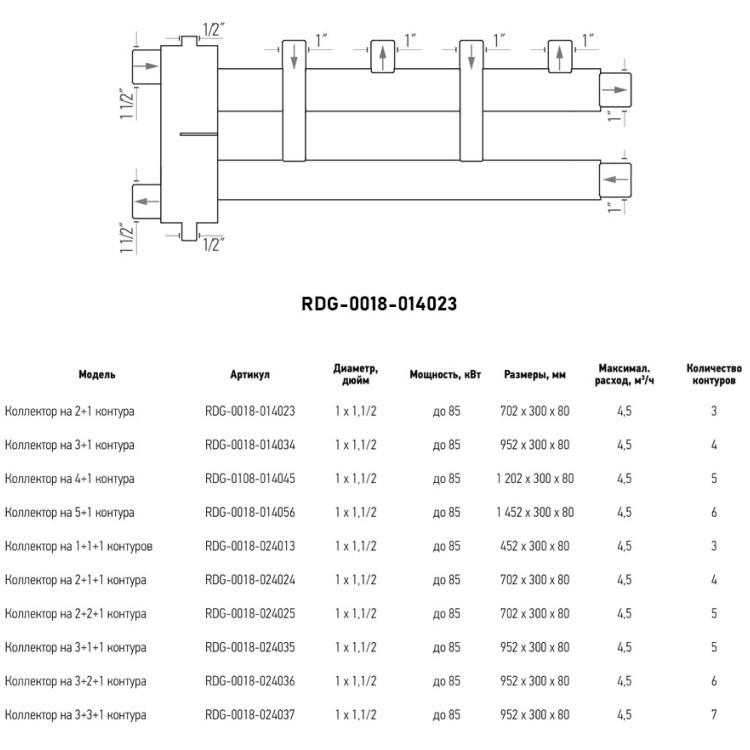 Коллектор распределительный ROMMER RDG-0018-014023 3-х контурный НР 1"x1 1/2" Ду 40 Ру 4 дублёр рядный с гидравлическим разделителем 3